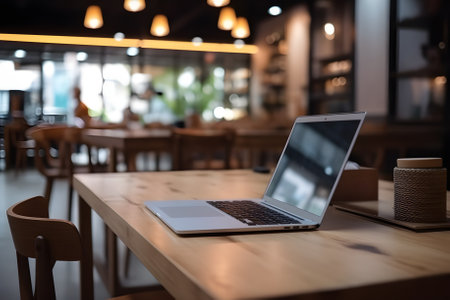Close up view of co-working space table at cafe with laptop, stationery and blurry cafe interior in the backgroundの素材