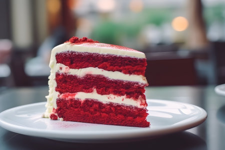 Red velvet cream layer cake closeup on cafe table. Generative AIの素材