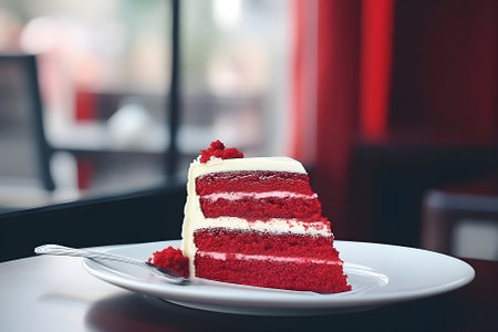 Red velvet cream layer cake closeup on cafe table. Generative AIの素材