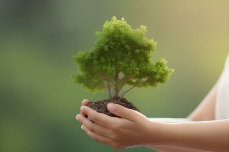Close up of a hand holding green tree concept earth day. Generative AIの素材