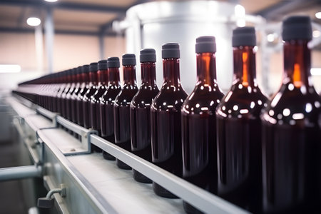 Wine bottle in winery ,product at the conveyor belt. Generative AIの素材