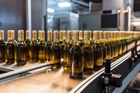 Wine bottle in winery ,product at the conveyor belt. Generative AIの素材