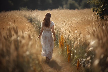 A woman walks in the rye field and sweeps her hand through the rye. Generative AIの素材