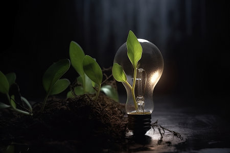 environmental protection and energy sources. Plant growing in the bulb. Generation AIの素材
