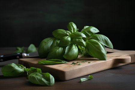 bunch of fresh organic basil in olive cutting board on rustic wooden background. Generative AIの素材