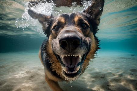 Smiling dog in a clear water. Happy dog swimming, Generative AIの素材