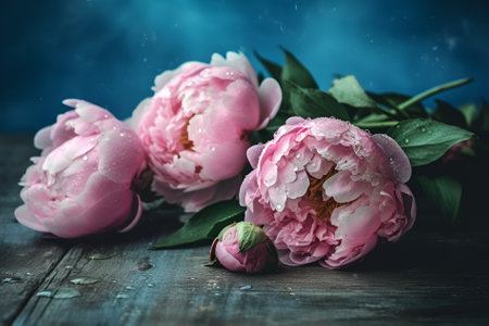 Pink peonies on old blue background. Top view.Generation AIの素材