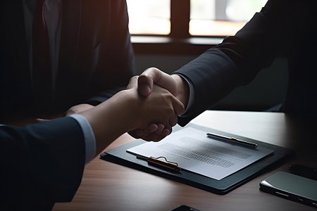 Business people in office suits shaking hands. business communication concept. Generative AIの素材