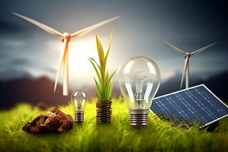 Environmental protection, renewable, sustainable energy sources. Light bulb represents green energy concept. Generation AIの素材