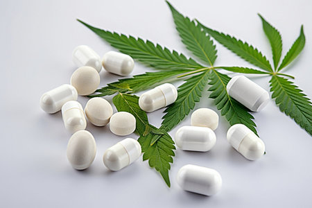 medical cannabis and pills on a table close up.generative AIの素材