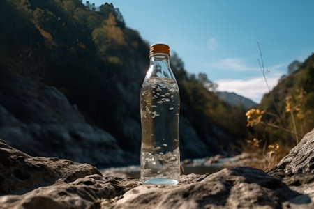 bottle with water again, the background of waterfall against the sky, health conceptの素材