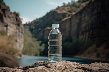 bottle with water again, the background of waterfall against the sky, health conceptの素材