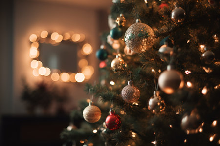 Decorated Christmas tree on a wooden , blurred background. Copy spaceの素材