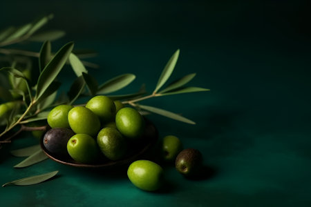 Oliva and branch olive on green background. Copy spaceの素材