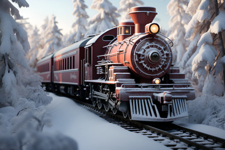 Christmas express in a winter landscape. Christmas background with snowy trees.の素材