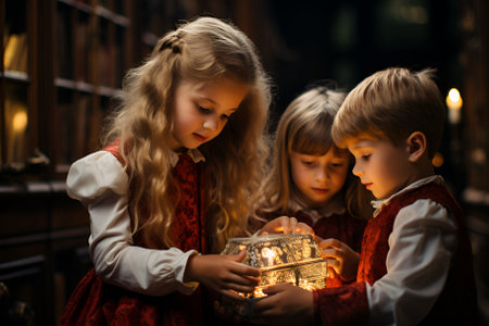 Christmas Family Open Present Gift Happy New Year, Happy kidsの素材