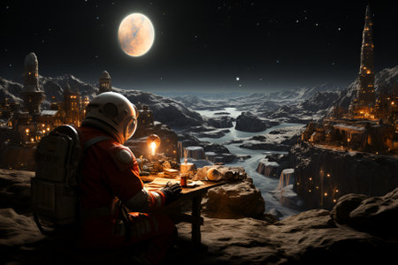 The man on a Mars. Mission in on Planet. Standing on the Rocky Mountain. New Year on Marsの素材