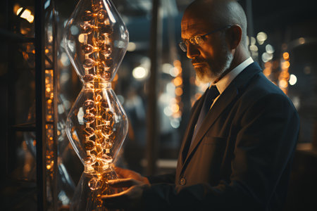 Abstract DNA molecule. Doctor analysis chromosome DNA genetic of human on virtual interface. Medical science and biotechnology.の素材