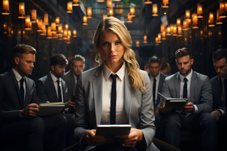 business leader woman looking at camera and standing in an office at team meeting. Business conceptの素材