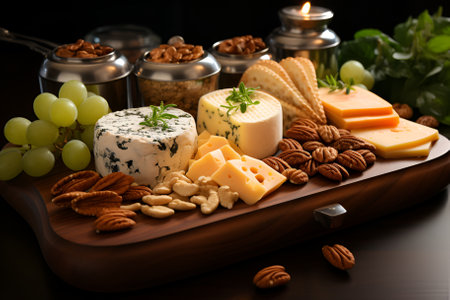 Cheese platter with fruits, olives and nuts on a wooden background.の素材