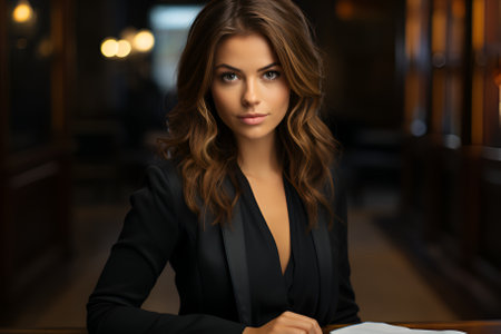 Businesswoman signs documents with pen making the signature sitting at the desk.の素材
