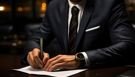 Businessman signs documents with pen making the signature sitting at the desk.の素材