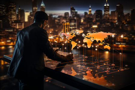 Close-up Man using virtual laptop, analyzing the financial statistics at his office. Technologyの素材