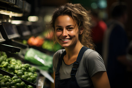 Portrait smile female salesperson in a grocery storeの素材