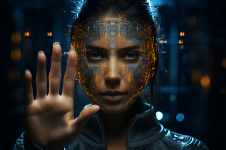 Close up of woman face in process of scanning, biometricの素材