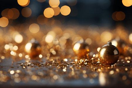 Close-up, copy space gold ball, gold bokeh backgroundの素材
