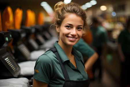 Portrait smile female salesperson in a grocery storeの素材