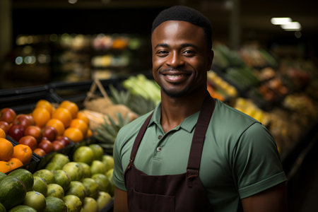 A happy African male trader standing in market placeの素材