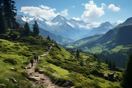 Family on hiking in the mountains. beautiful viewの素材