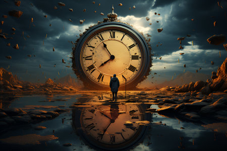 Infinity and other time-related concepts. A man stands in front of a clock.の素材
