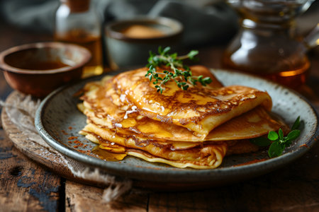A thin pancakes on plate on a wooden background. Maslenitsaの素材