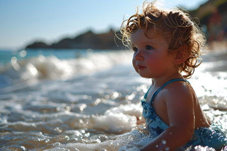 Happy Little baby sitting on the seaの素材