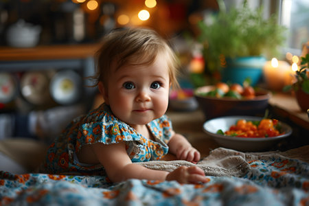 Cute happy baby food in the kitchen,の素材