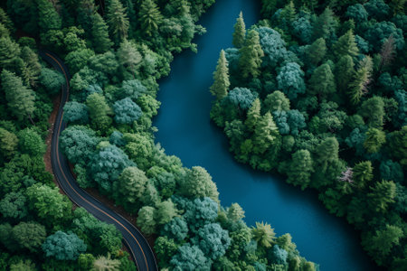 Aerial view of a road with green woods by blue lakes water, beautiful viewの素材