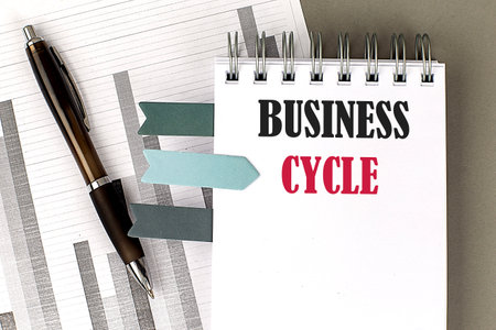 BUSINESS CYCLE text on notebook with pen, calculator and chart on gray backgroundの写真素材