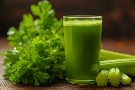 celery green juice, rustic style, green vegetable drink on the table, healthの素材