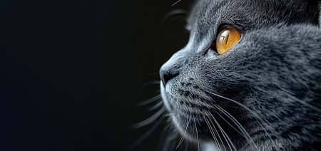 beautiful gray cat on a black background. World Cat Day. Copy spaceの素材