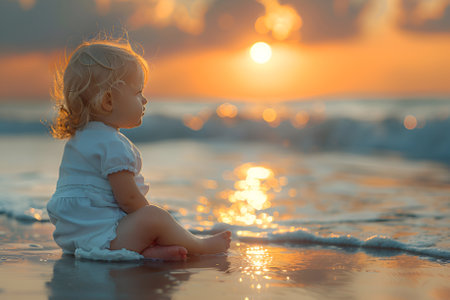 A cute little girl in white clothes sitting on the beach on a warm sunny summer dayの素材