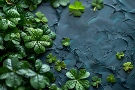 St. Patrick's Day with green four and clover on a green bokeh background, card , copy spaceの素材