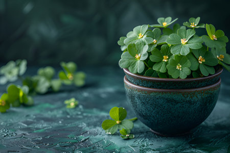 St. Patrick's Day with green four and clover on a green bokeh background, card , copy spaceの素材