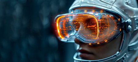 Beautiful woman in futuristic costume and virtual glasses, technology concept, copy spaceの素材