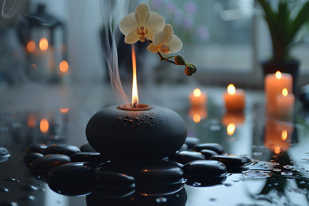 Black stones and orchid, relax concept., gray background Copy spaceの素材