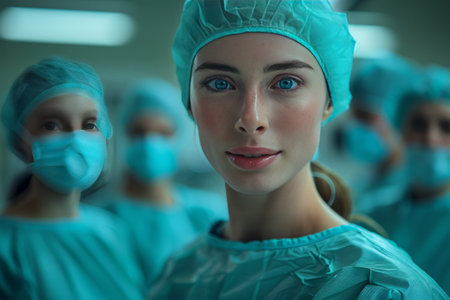 Group of surgeons in teal surgical attire preparing for operation. Medicineの素材