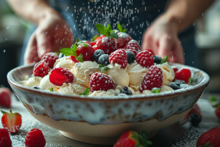 Bowl of vanilla ice cream topped with fresh berries and powdered sugar. Handmadeの素材