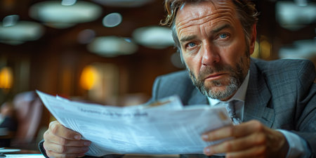 Businessman attentively examining documents in office setting.の素材