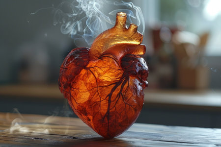 GPT Glass sculpture of a human heart with intricate details, emitting wisps of smoke, placed on a wooden surface in softly lit room.の素材